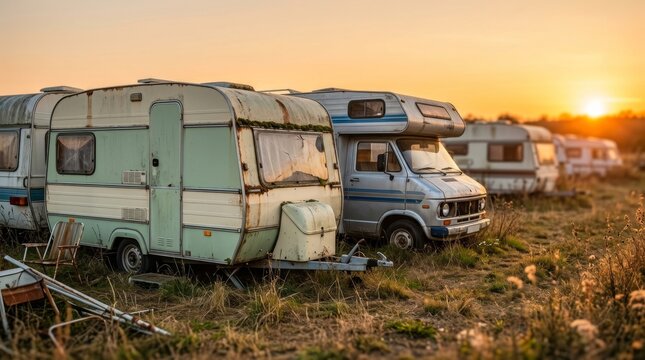 Old rusty abandoned caravan trailer parked in overgrown grass field at sunset. Vintage camper decay and nostalgia concept. Retro travel lifestyle background