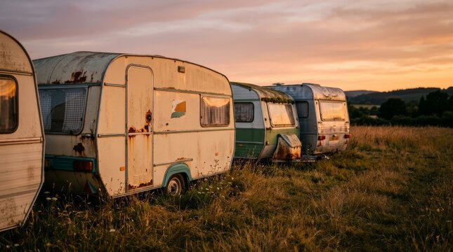 Old rusty abandoned caravan trailer parked in overgrown grass field at sunset. Vintage camper decay and nostalgia concept. Retro travel lifestyle background