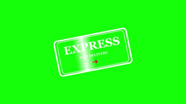 Express fast delivery stamp animation on green screen, white ink logo appearing with red arrow indicator, isolated graphic element for logistics and e-commerce video production