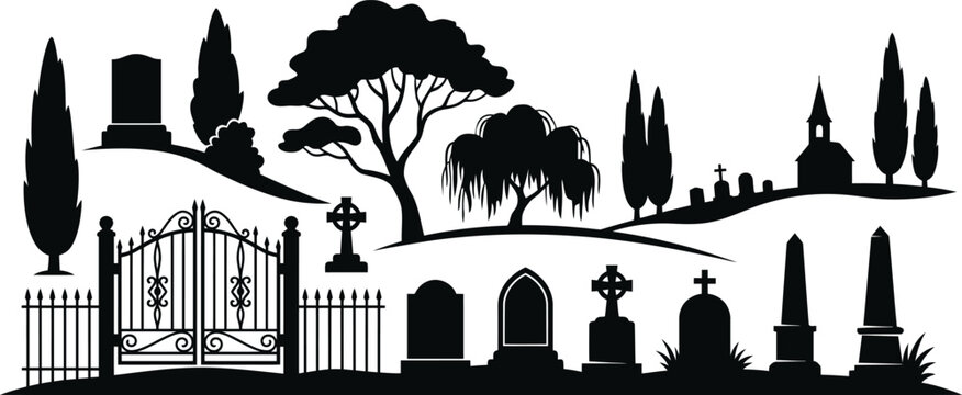 Cemetery silhouette vector set, graveyard tombstones and headstones collection, spooky burial ground landscape with iron gates and trees