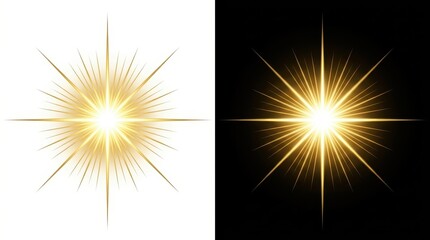 Fototapeta premium Golden Starburst Lens Flare Effect Set on White and Black Backgrounds for Graphic Design and Visual Projects