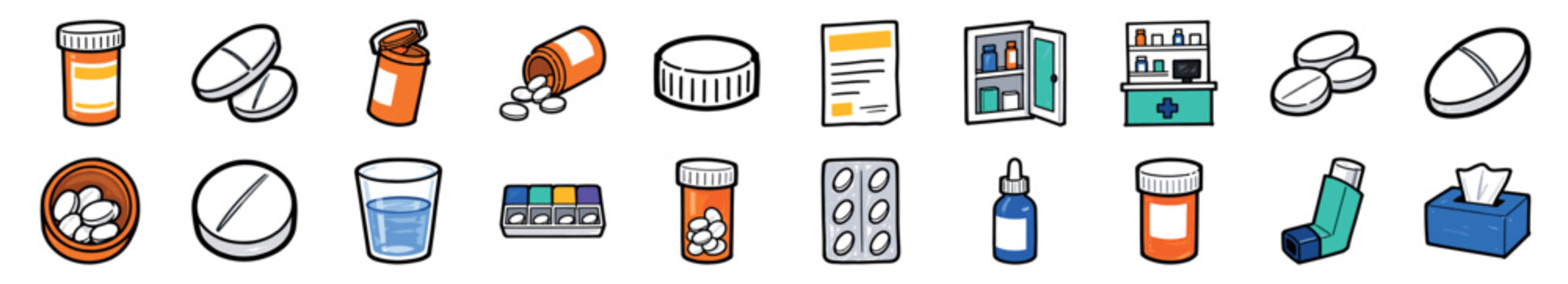 Set of various medical and pharmacy icons featuring pills, prescription bottles, a medicine cabinet, an inhaler, and a blister pack in a colorful cartoon illustration style