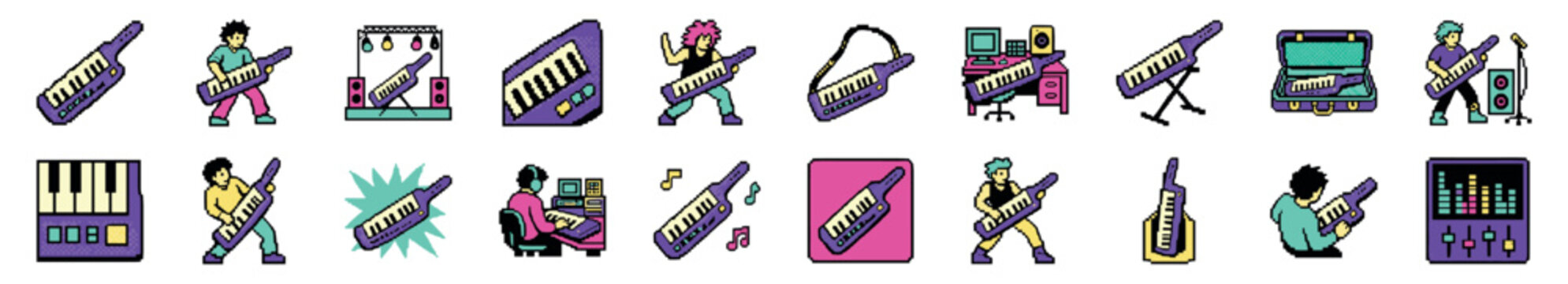 Collection of pixel art keytar icons showing musicians playing the instrument on stage, in a studio, and various equipment in a retro 8-bit video game style