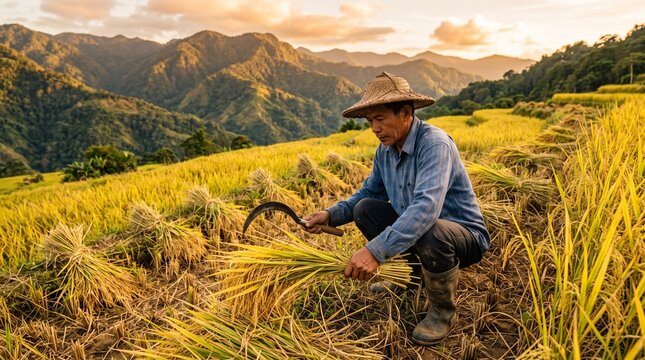 An Asian farmer wearing a conical hat harvesting rice with a sickle on a mountain terrace field at sunset