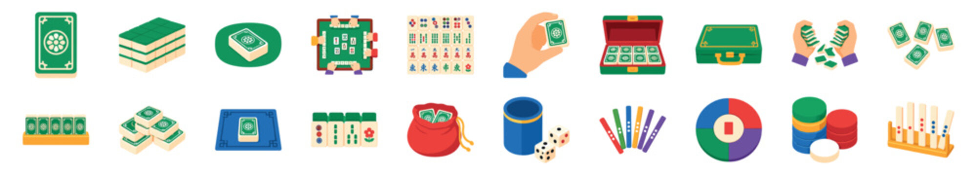 Colorful collection of Mahjong game equipment icons showing tiles, dice, scoring sticks, and gameplay elements in a flat vector style