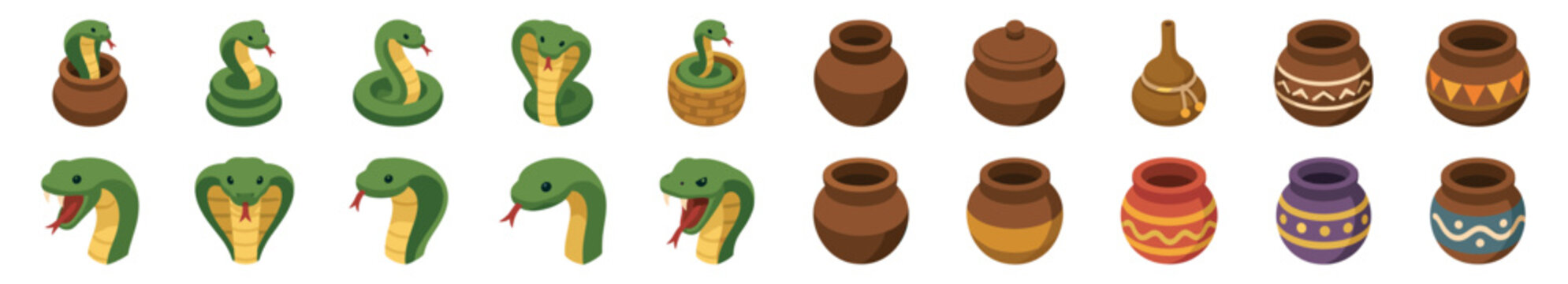 Large set of snake charmer icons with green cobras in baskets, coiled serpents, and decorated clay pots in a cartoon isometric illustration style
