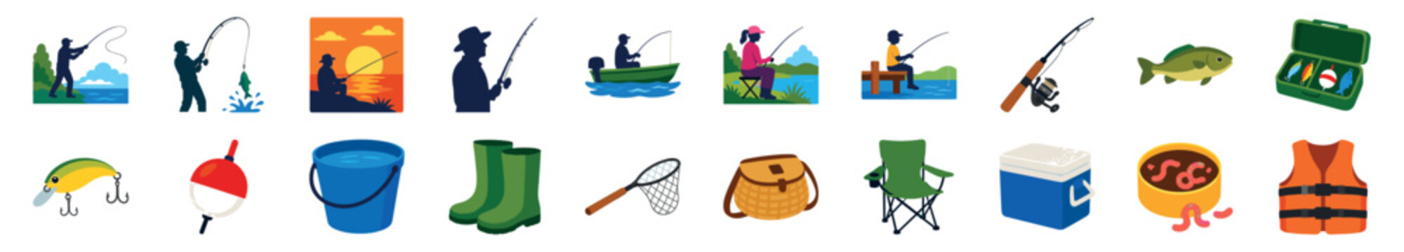 Large collection of colorful fishing icons showing people angling and various equipment like rods, lures, tackle boxes, and boats for a recreational outdoor hobby