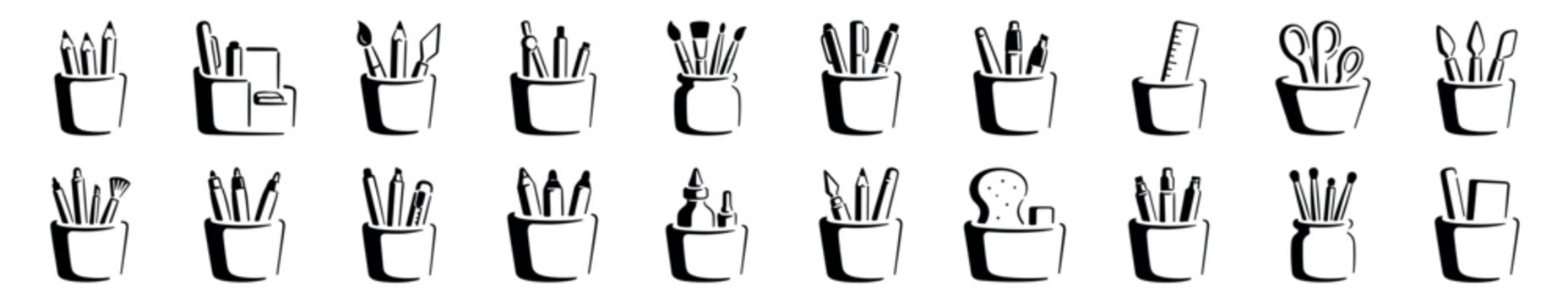 Set of black graphic icons featuring various writing and drawing tools like pens, pencils, and brushes neatly arranged in different pen holders and desktop organizers