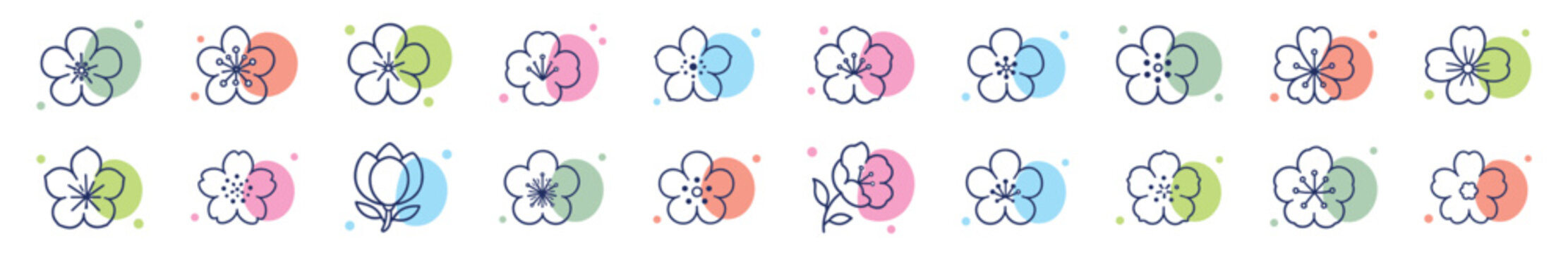 Collection of delicate cherry blossom icons in a minimalist line art style with pastel color accents, representing spring, nature, and floral beauty in a modern design
