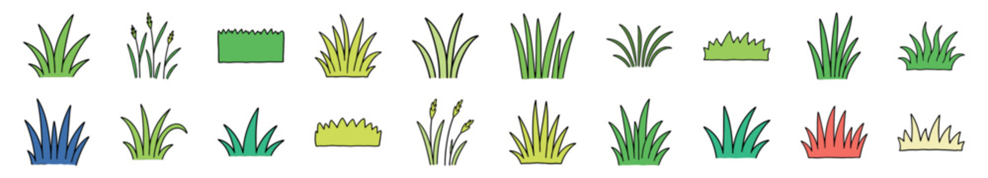 Set of colorful hand-drawn grass illustrations in a simple cartoon doodle style, featuring various tufts, patches, and reeds for nature-themed graphic design elements
