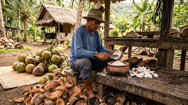 An elderly Asian man grating fresh coconut meat into a clay bowl using traditional tools outside a rustic wooden hut surrounded by coconuts