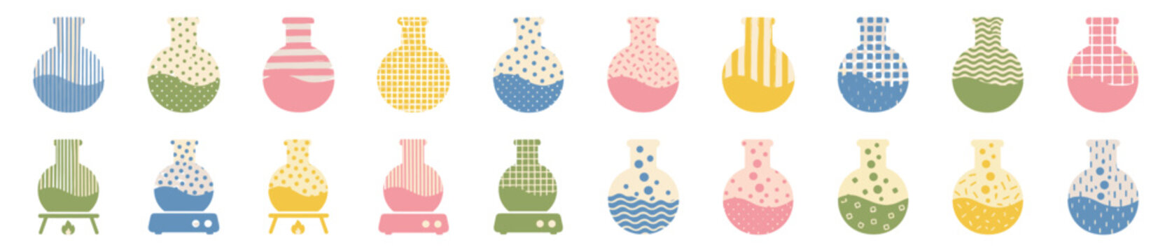 Collection of colorful laboratory flasks with various patterns and liquids, illustrating different chemical experiments and reactions in a flat, decorative, pastel style