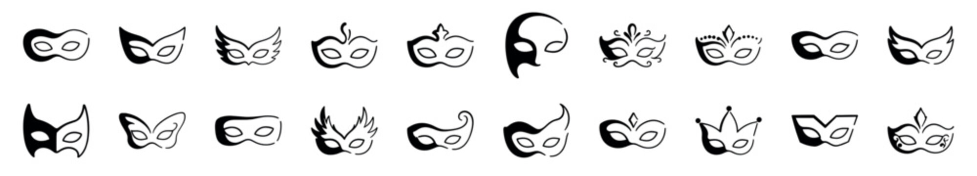 Large set of black and white carnival mask icons with various ornate designs for masquerade balls and festivals, depicted in a simple hand-drawn graphic illustration style