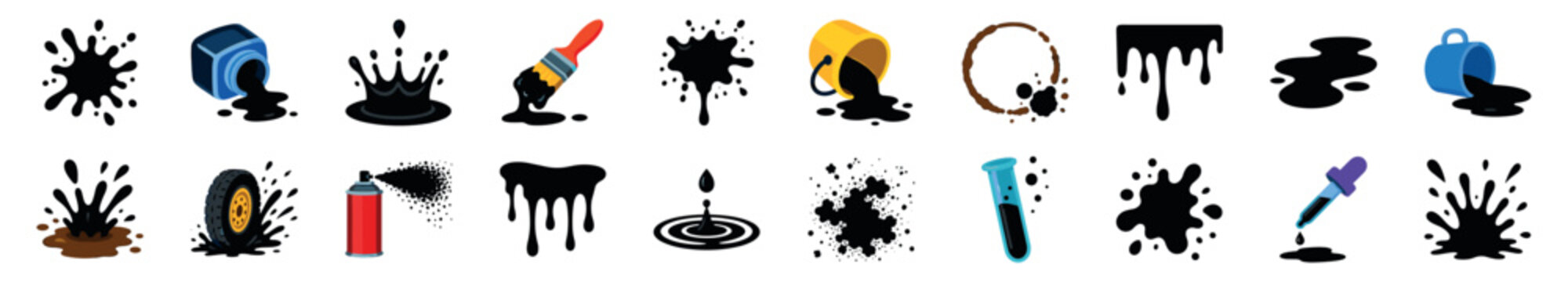Large set of black liquid spill icons showing paint, ink, and oil splashes, drips, puddles, and splatters from various objects in a flat cartoon vector style