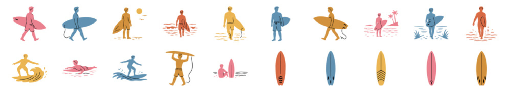 Collection of colorful surfer illustrations showing male characters walking, riding waves, and paddling, with various surfboard designs in a minimalist flat graphic style