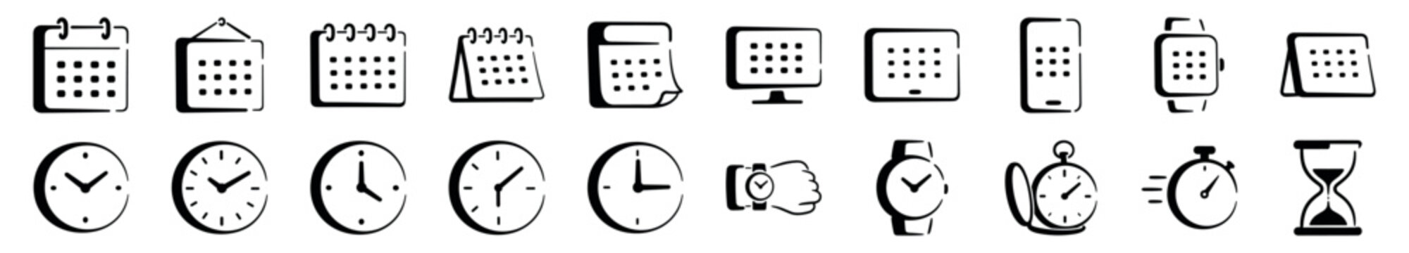 Set of black hand-drawn time and calendar icons representing scheduling, planning, and deadlines, including clocks, watches, hourglass, and digital device displays