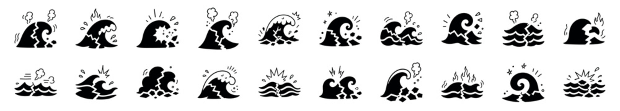 Collection of black doodle icons depicting catastrophic waves cracking, exploding, and smoking, representing natural disasters and destruction in a simple graphic style