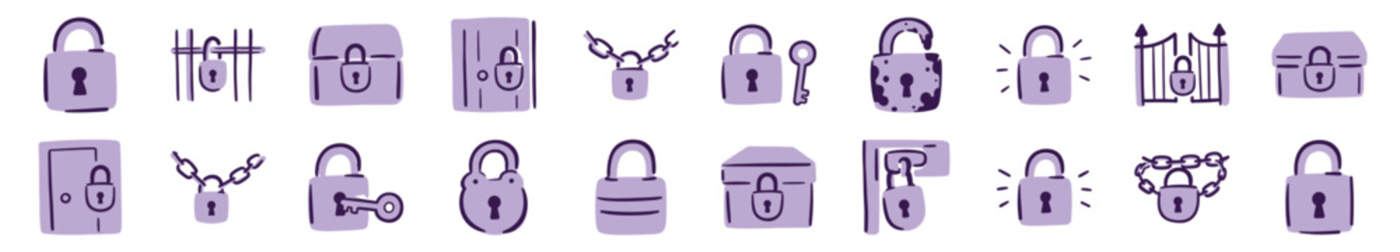 Large collection of purple hand-drawn icons illustrating security concepts with various padlocks, keys, locked doors, treasure chests, chains, and gates in a doodle style