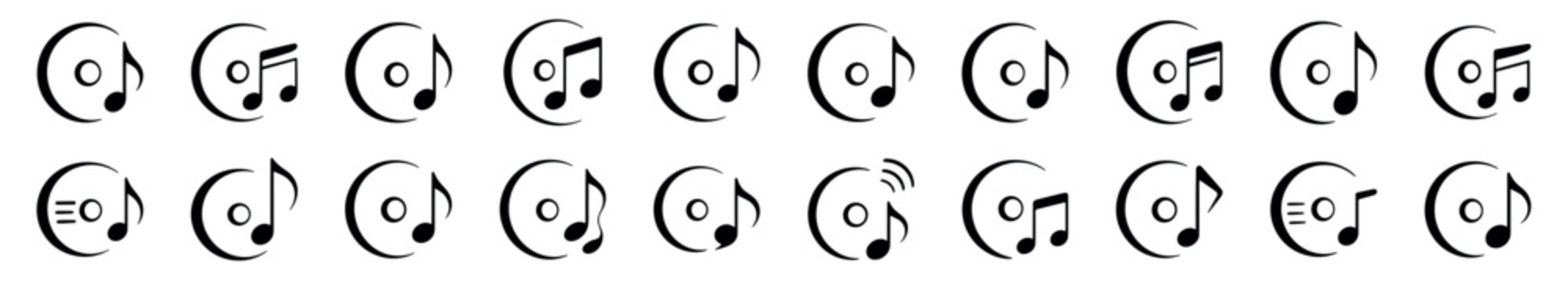 Collection of black music icons featuring a compact disc and various musical notes, representing audio, sound, and melody in a minimalist line art style for graphic design elements