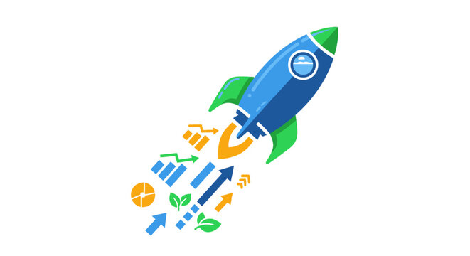 Blue Rocket Ship Launching Upwards Fast.