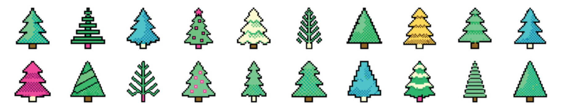 Collection of colorful pixel art Christmas trees in a retro 8-bit video game style, featuring a festive set of decorated and snowy evergreen firs in various shapes