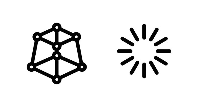 Geometric polygon node structure and a radial loading light mark icon rendered in clean black lines with structure abstract isolated geometry progress interface connection