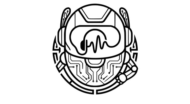 Futuristic robot head icon with audio wave visual on screen, futuristic helmet vector illustration