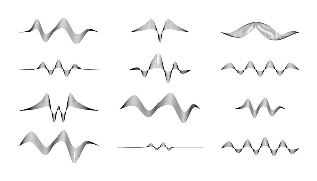 Set of abstract sound waves, audio equalizer elements, digital pulse lines, and music frequency waveforms isolated on transparent background