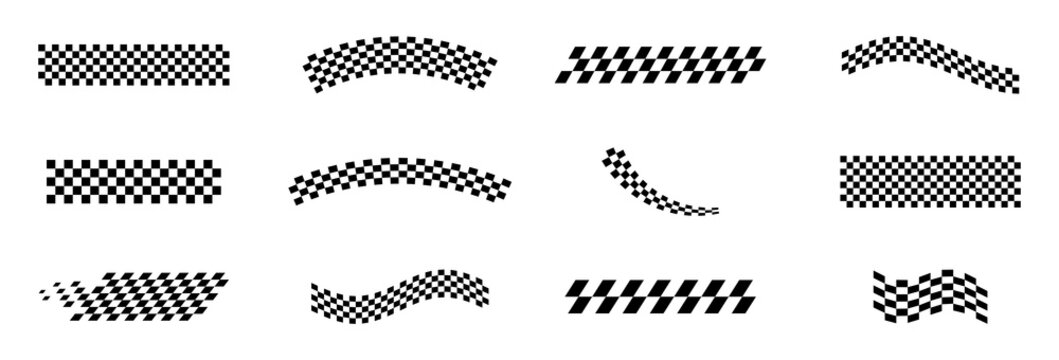Set of checkered flag patterns, racing finish line banners and speed elements isolated on transparent background