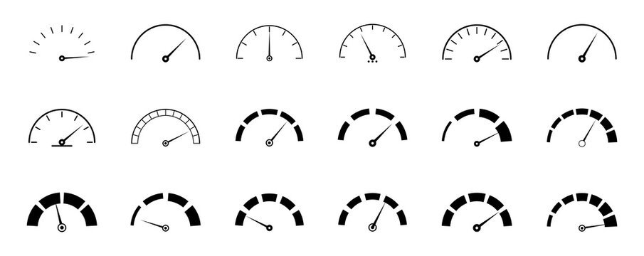 Set of speedometer and tachometer icons, gauge performance indicators for dashboard design isolated on transparent background