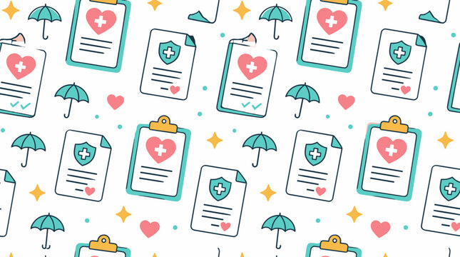 Seamless pattern with medical clipboards and umbrellas on white background