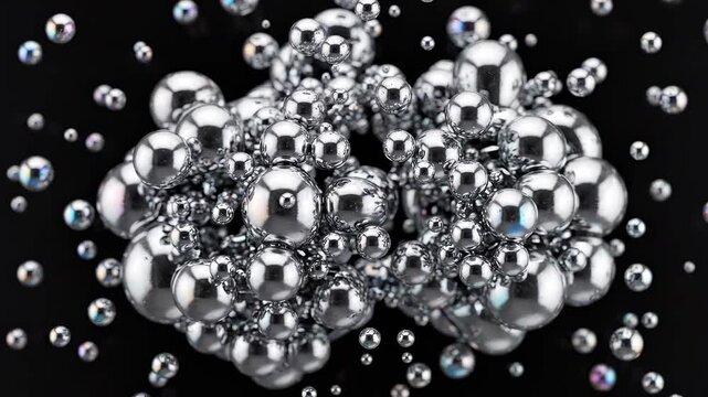 Abstract visual of chrome spheres attracting, combining, and creating a dynamic, reflective liquid metal structure.