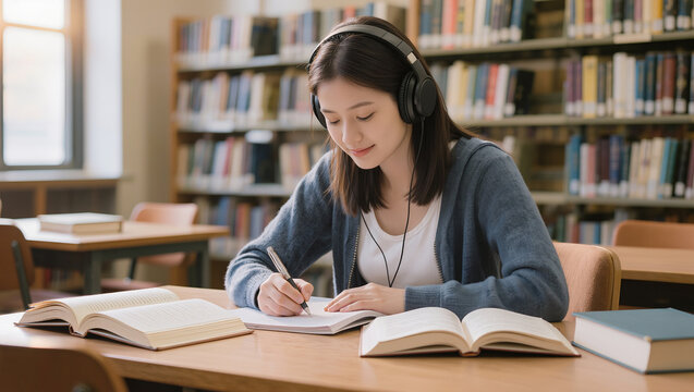 Student wearing headphones studying at desk in library with books
