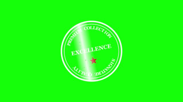 Chroma key green screen background, white premium collection excellence quality signature stamp appearing, circular design element, commercial overlay concept