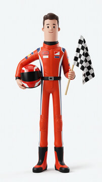3D cartoon race car driver character holding checkered flag and helmet isolated on white background