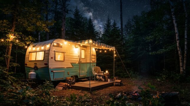 Vintage camper trailer illuminated with string light in forest at night under starry sky. Cozy glamping and outdoor travel concept. Camping vacation and adventure lifestyle