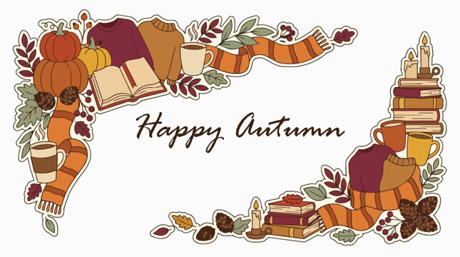 Cozy Autumn Season Frame with Pumpkins Sweaters Hot Coffee and Fall Leaves for Greeting Cards