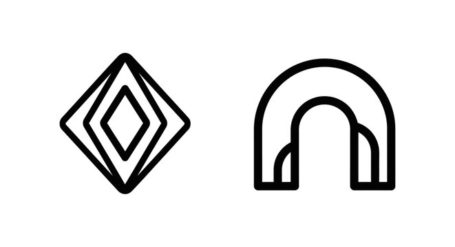 Nested diamond crypton and arched portal mirage line icons isolated on white background with sci fi geometry abstract minimalist structure architecture creative identity template