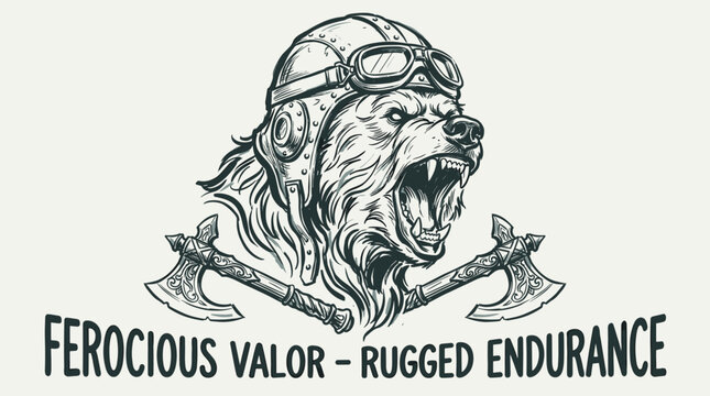 Ferocious bear head wearing vintage pilot helmet and goggles. Hand drawn grizzly bear roaring illustration. Crossed viking axes graphic design. Grizzly bear warrior mascot vector.