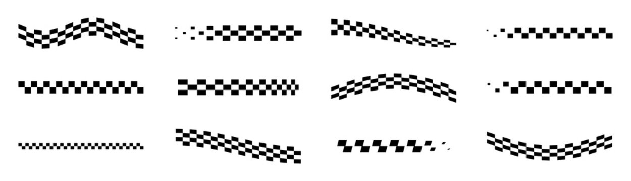 Set of checkered racing flags, finish line banners, speed and competition elements, wavy flag patterns isolated on transparent background
