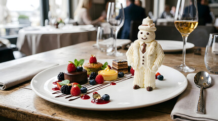 Fototapeta premium Elegant Dessert Plate with Bear Figurine at Fine Dining Restaurant