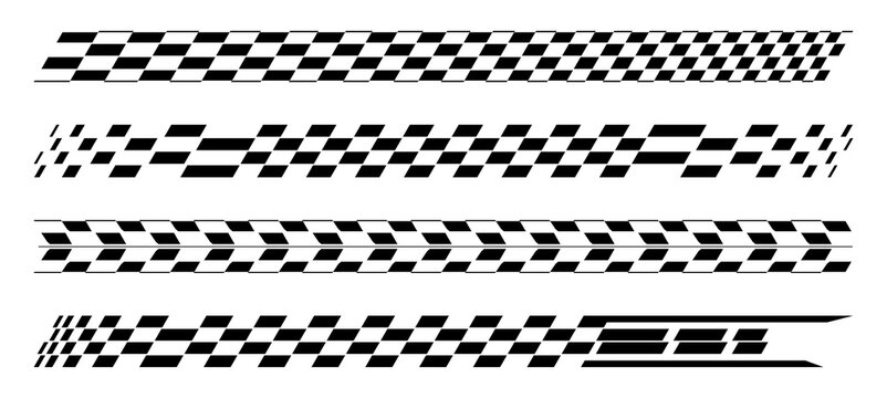 Set of checkered racing flags, speed motion stripes and finish line banners isolated on transparent background