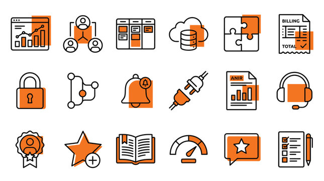 Business and Technology Icons Set: Analytics, Security, Teamwork, Clou