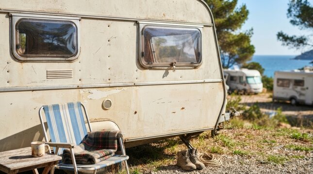 Old vintage caravan trailer parked at forest campsite. Retro camper van for summer road trip and outdoor camping vacation. Nomad lifestyle and travel adventure concept.