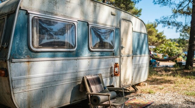 Old vintage caravan trailer parked at forest campsite. Retro camper van for summer road trip and outdoor camping vacation. Nomad lifestyle and travel adventure concept.