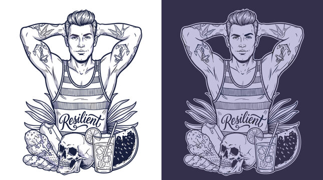 Classic vintage tattoo art man. Resilient lettering with skull and summer food. Cool retro illustration for apparel design. Sailor man with anchor tattoos and ice cream.