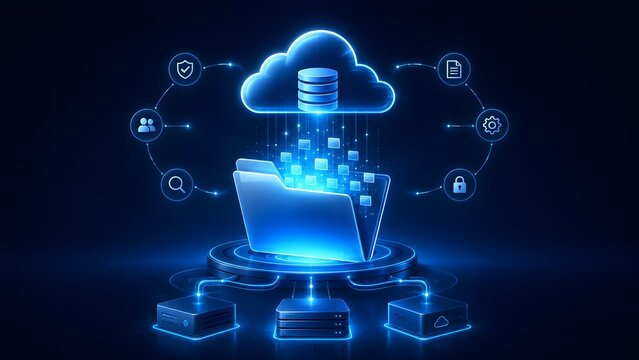 Futuristic cloud computing technology with secure folder data backup and digital server storage network
