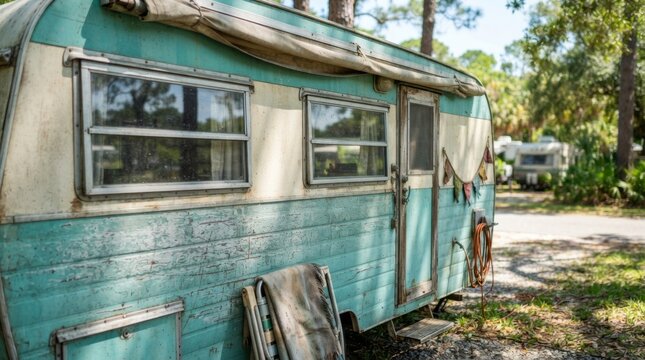 Old vintage caravan trailer parked at forest campsite. Retro camper van for summer road trip and outdoor camping vacation. Nomad lifestyle and travel adventure concept.