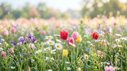 Obraz premium Colorful wildflowers blooming in a sunny spring meadow with soft bokeh background