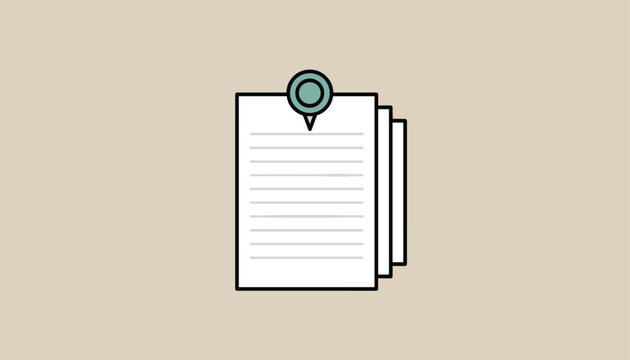 Pile of lined document sheets fastened with a round green pin or clip stands for pinned reports, documentation, and office notes.